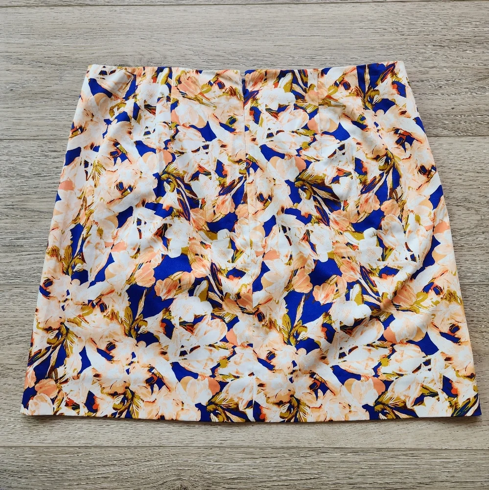 J. Crew Orange Blue Floral Skirt Womens 6 Cotton Business Casual Nwt